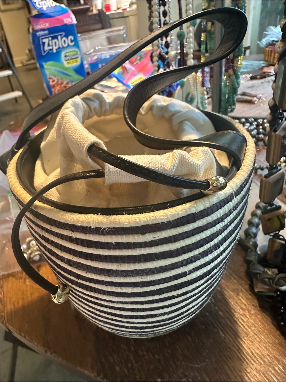 Striped Canvas Bucket Tote with Black Trim - Women Bags